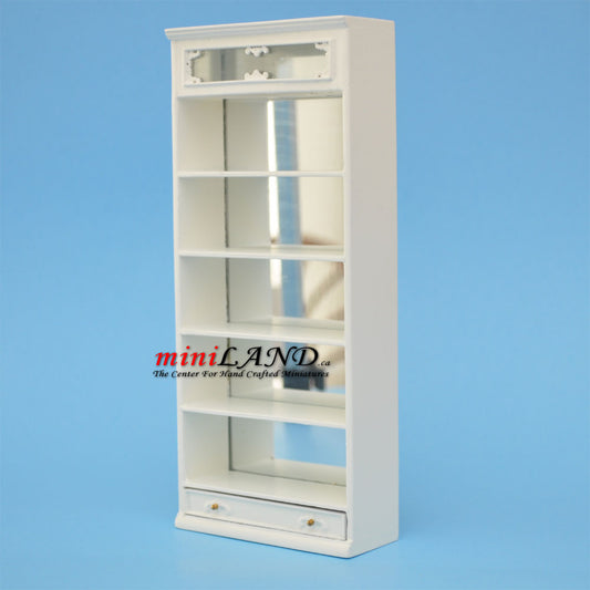 Miniature White Wooden Shelf Unit with Mirror Back and Drawer – 1:12 Scale for Dollhouses and Shops