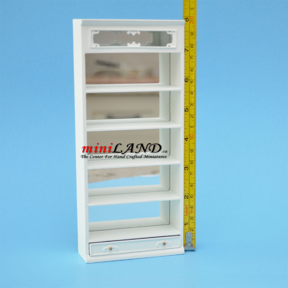 Miniature White Wooden Shelf Unit with Mirror Back and Drawer – 1:12 Scale for Dollhouses and Shops