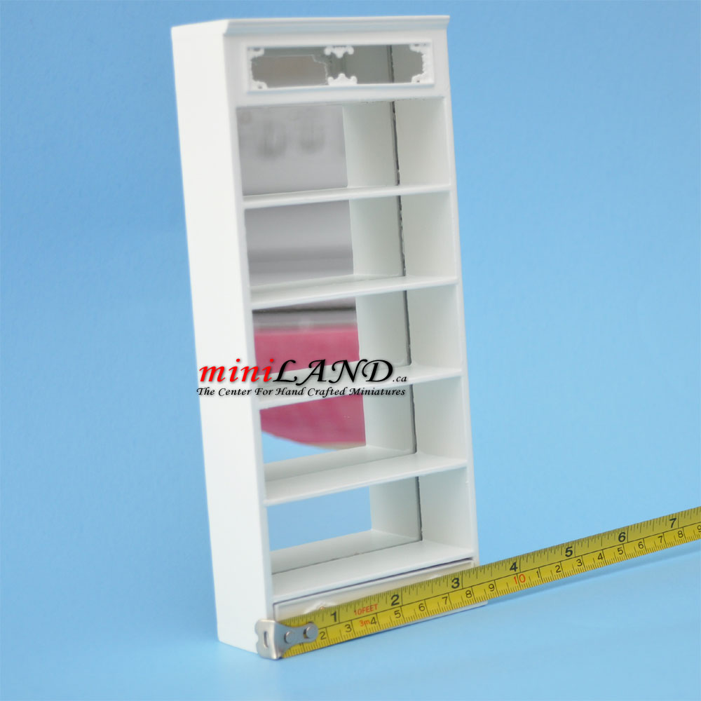 Miniature White Wooden Shelf Unit with Mirror Back and Drawer – 1:12 Scale for Dollhouses and Shops