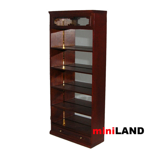 Miniature walnut Wooden Shelf Unit with Mirror Back and Drawer – 1:12 Scale for Dollhouses and Shops (Copy)