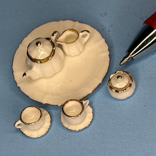 1:12 Scale Miniature High-Quality White Porcelain Tea Set with Gold Trim – 10 Pieces
