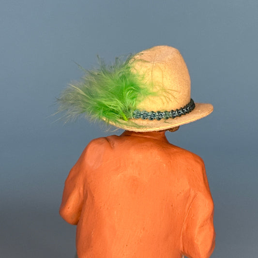 1:12 Scale Miniature Off-White Hat with Green Feather and Blue Ribbon