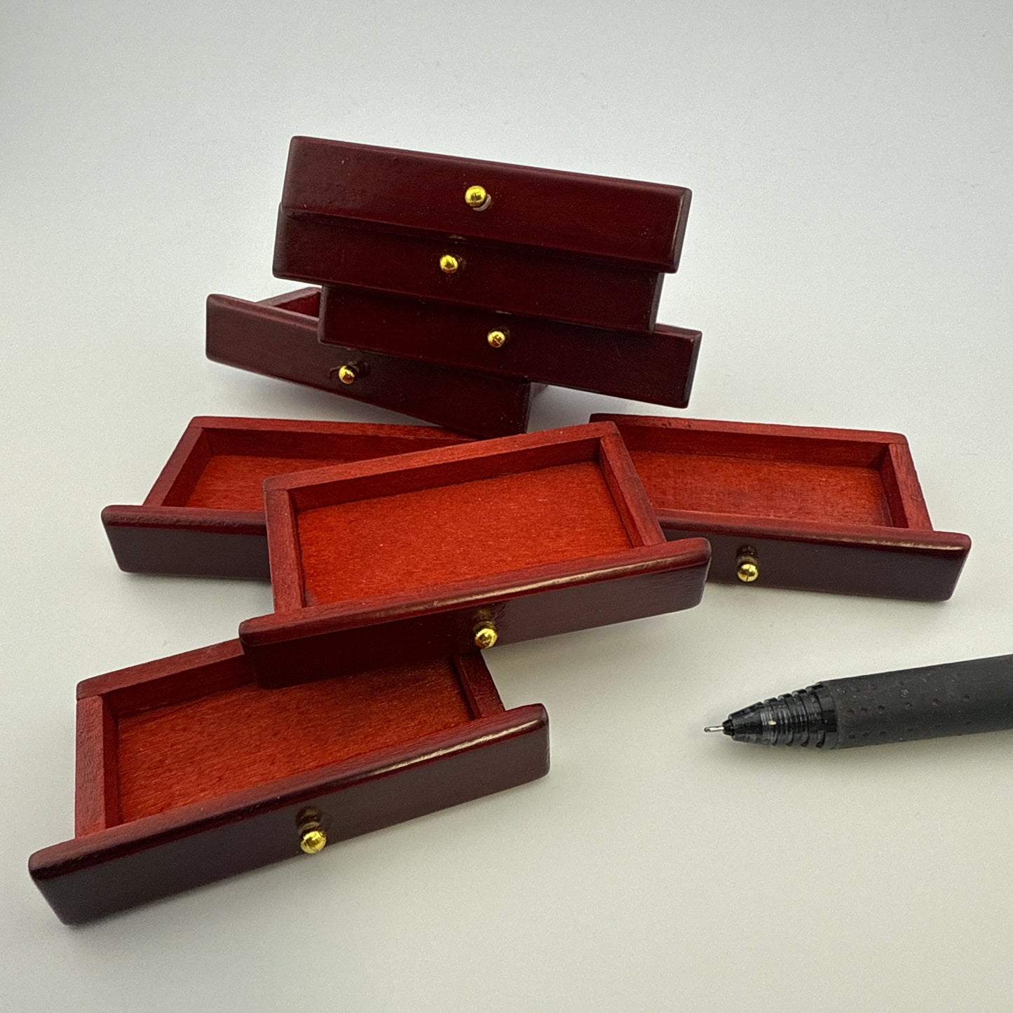 Set of 10 Miniature Mahogany Drawers | Dollhouse Furniture Parts with Gold Knob | 1:12 Scale