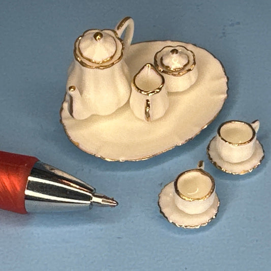 1:12 Scale Miniature Porcelain Coffee Set with Gold Trim – 10 Pieces