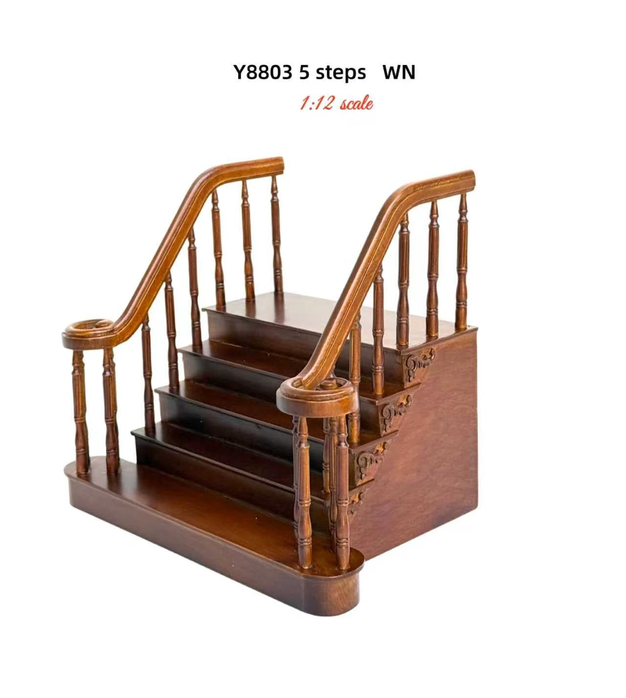 Hochwertige LINKE Barocktreppe 9"-10" 1:12 Miniatur-Holztreppe für Puppenstuben WN mit Geländer