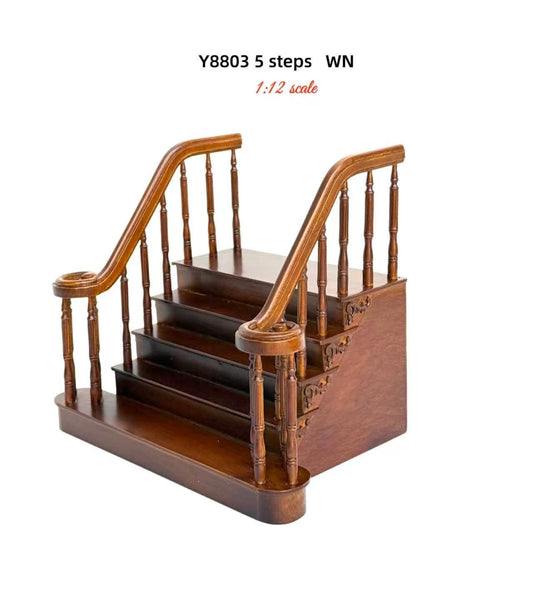 Hochwertige LINKE Barocktreppe 9"-10" 1:12 Miniatur-Holztreppe für Puppenstuben WN mit Geländer
