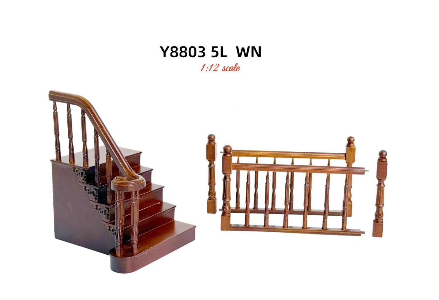 Hochwertige LINKE Barocktreppe 9"-10" 1:12 Miniatur-Holztreppe für Puppenstuben WN mit Geländer