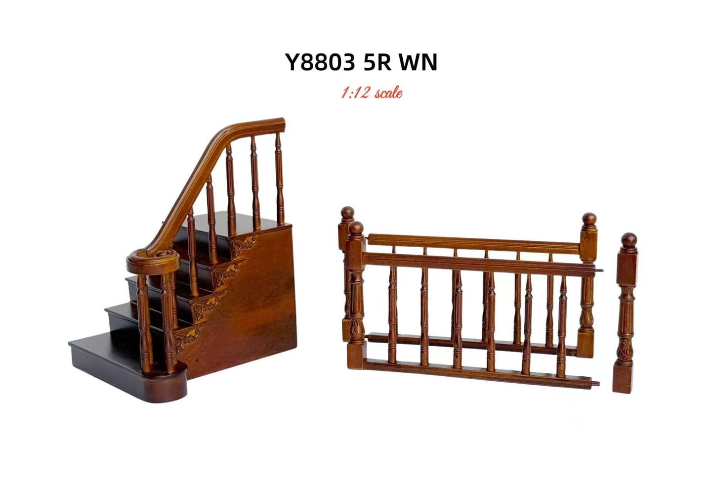 Hochwertige LINKE Barocktreppe 9"-10" 1:12 Miniatur-Holztreppe für Puppenstuben WN mit Geländer