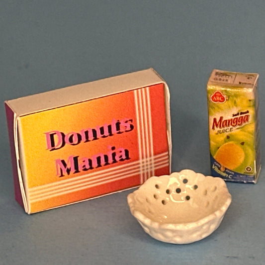 Miniature Donuts Box, Mango Juice Carton, and Decorative Bowl Set – 1:12 Scale