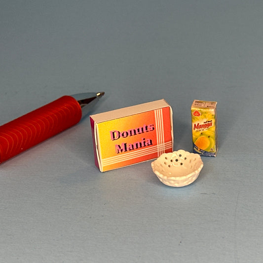 Miniature Donuts Box, Mango Juice Carton, and Decorative Bowl Set – 1:12 Scale