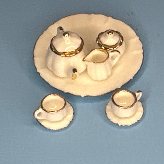 1:12 Scale Miniature High-Quality White Porcelain Tea Set with Gold Trim – 10 Pieces