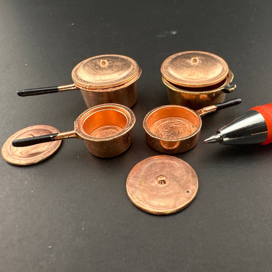 Dollhouse Miniature 1:12 Scale – Set of 4 Cooking Copper  Pots with Lids