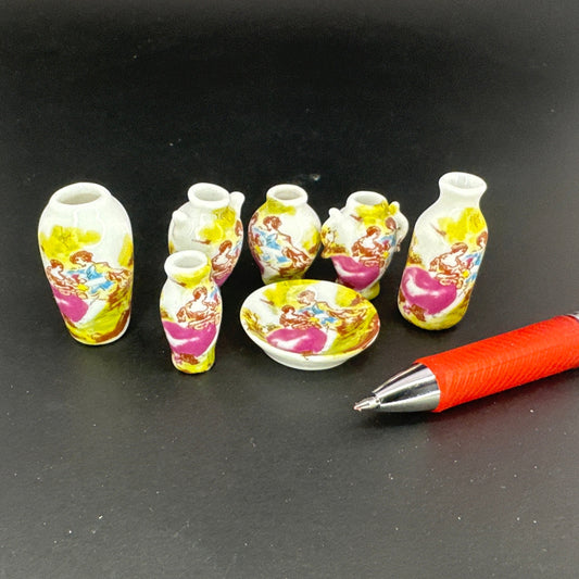 Dollhouse Miniature 1:12 Scale – Set of 6 Decorative Vases with Plate