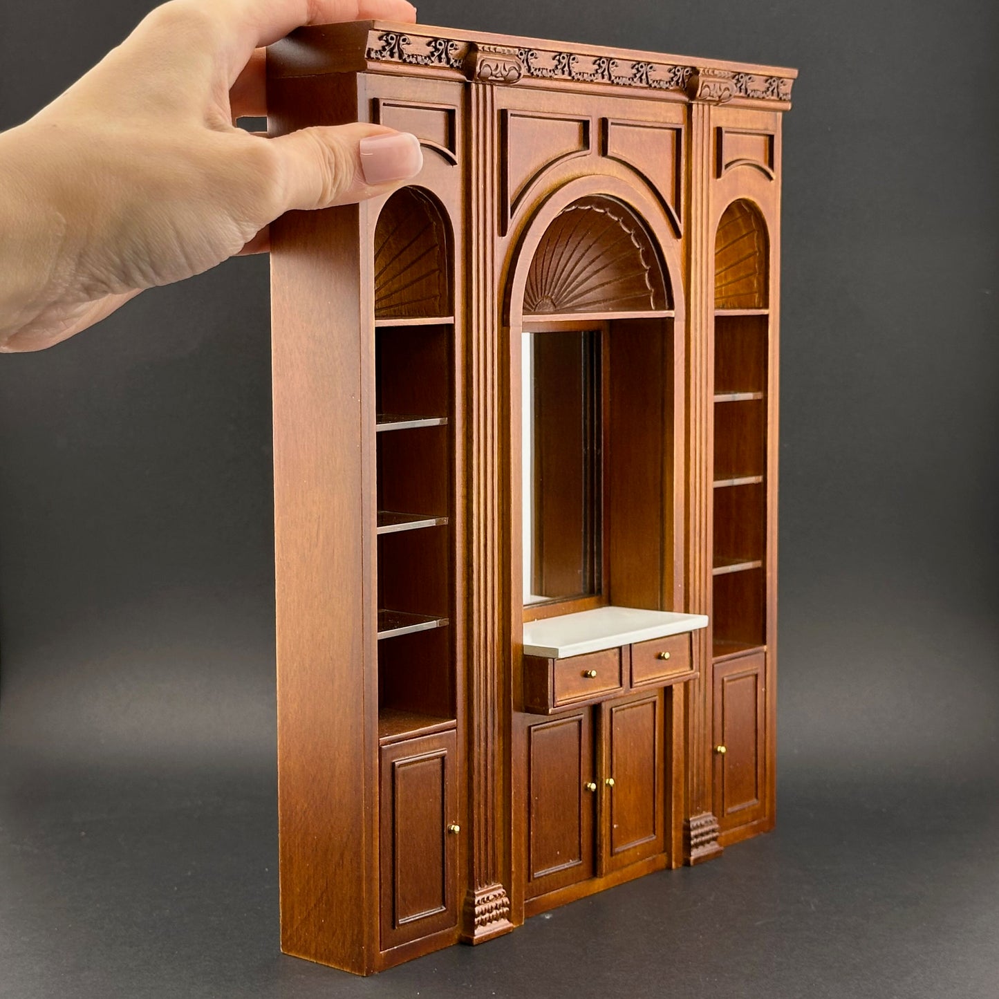 1:12 Miniature Manor Multi-Purpose Panel – Versatile Storage Unit with Shelves, Drawers & Mirror – Dollhouse Furniture