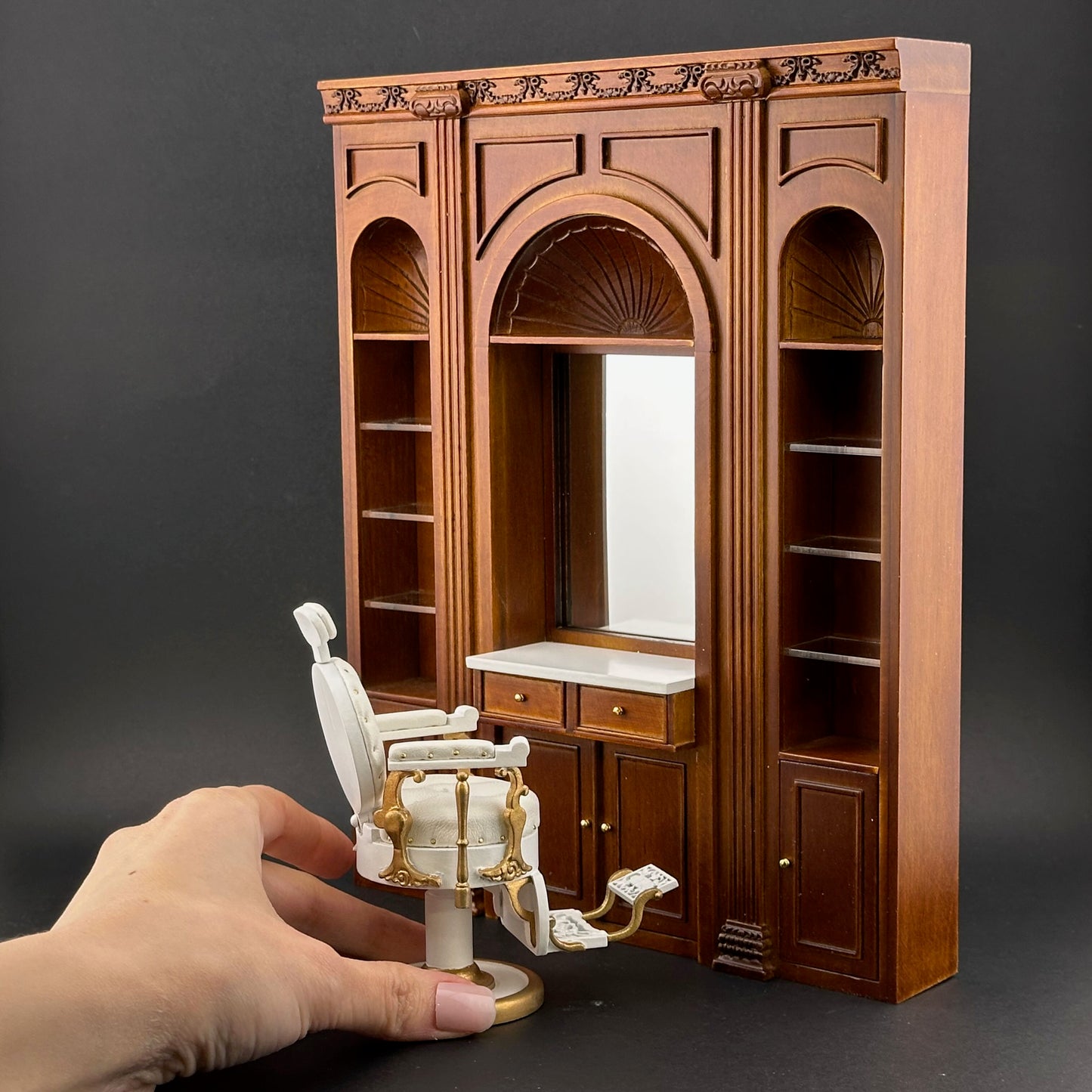 1:12 Miniature Manor Multi-Purpose Panel – Versatile Storage Unit with Shelves, Drawers & Mirror – Dollhouse Furniture