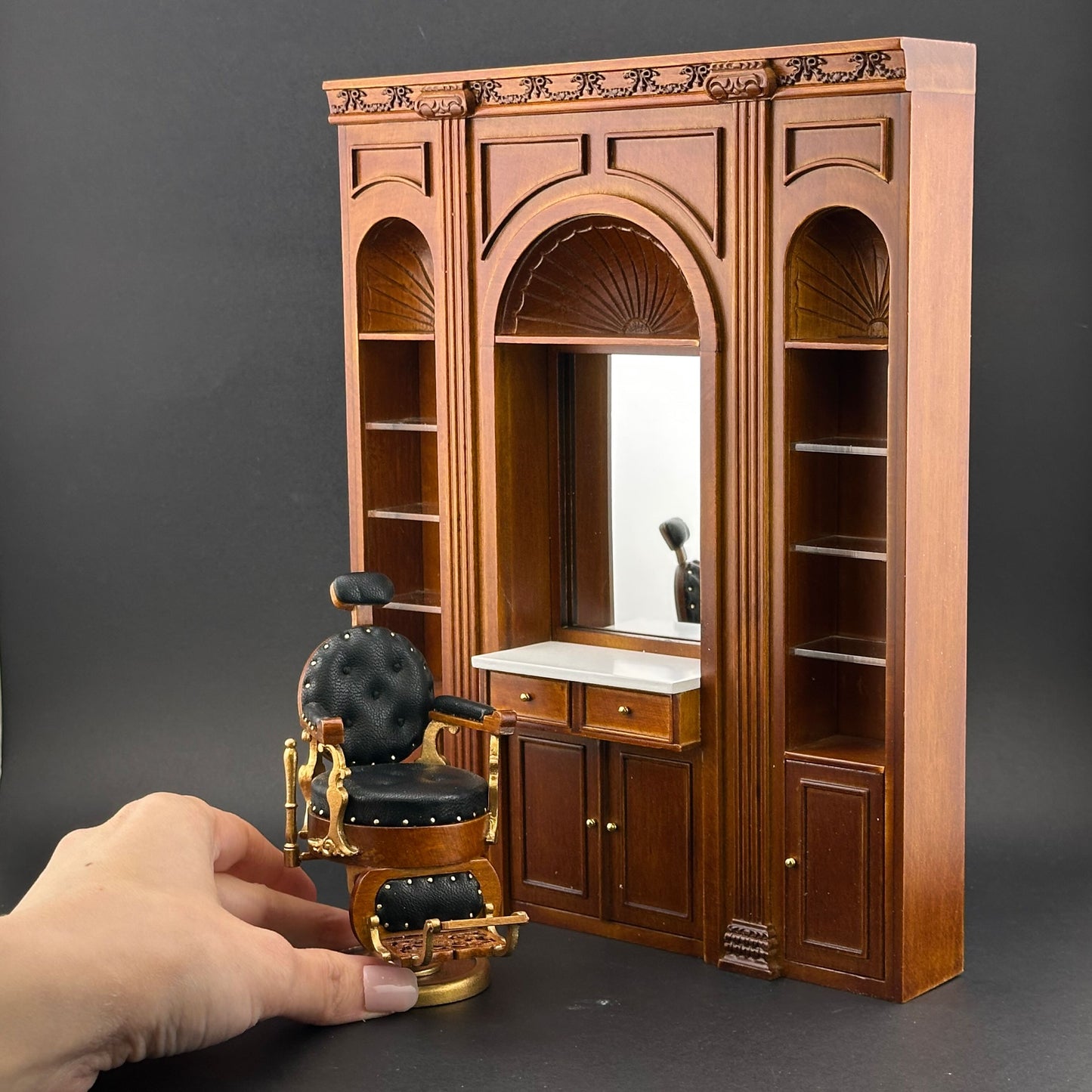 1:12 Miniature Manor Multi-Purpose Panel – Versatile Storage Unit with Shelves, Drawers & Mirror – Dollhouse Furniture