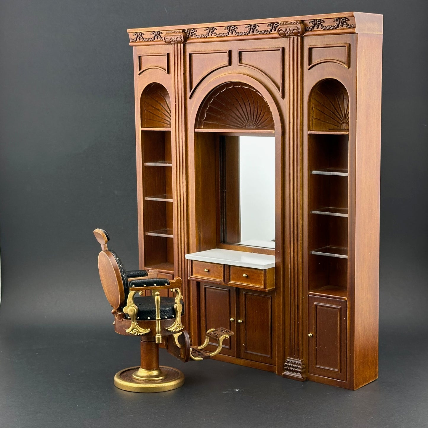 1:12 Miniature Manor Multi-Purpose Panel – Versatile Storage Unit with Shelves, Drawers & Mirror – Dollhouse Furniture