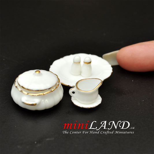 7 pcs white serving set with gold trim Eggshell thickness dollhouse miniature 1:12