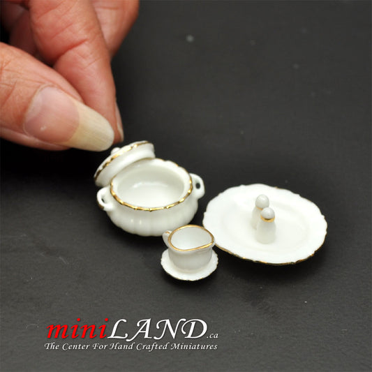 7 pcs white serving set with gold trim Eggshell thickness dollhouse miniature 1:12