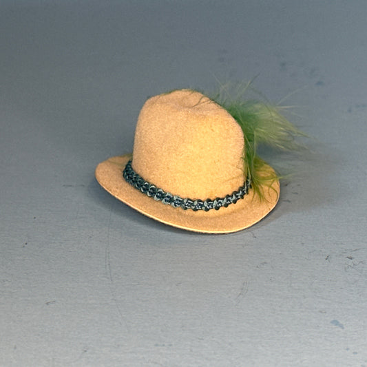 1:12 Scale Miniature Off-White Hat with Green Feather and Blue Ribbon