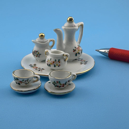 Dollhouse Miniature  – 10-Piece Tea Set with Floral Design