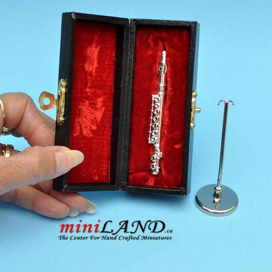 Flûte en métal argenté avec support et étui miniature pour maison de poupée 1:12