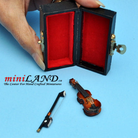 Wooden violin with bow and case for dollhouse miniature 1:12 1.5"-Long