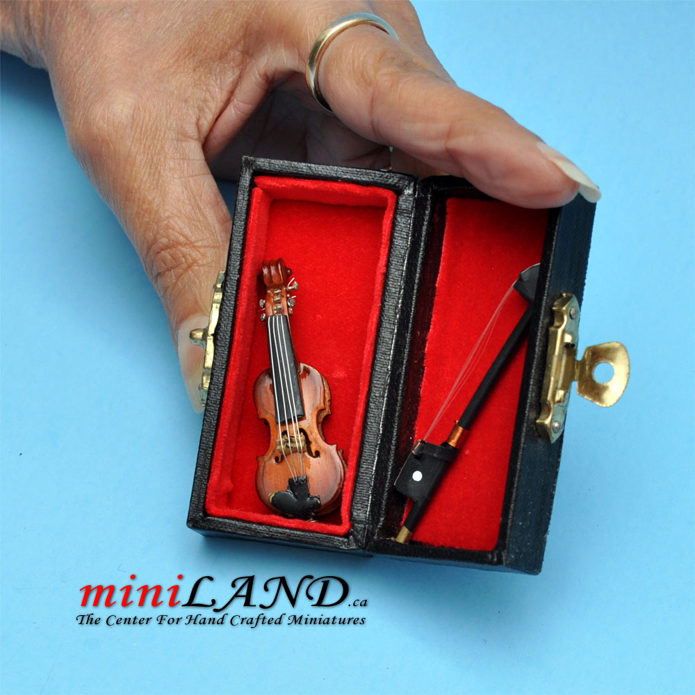 Wooden violin with bow and case for dollhouse miniature 1:12 1.5"-Long