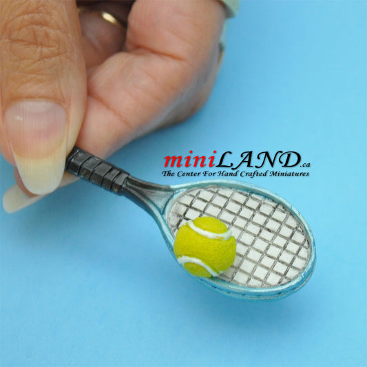 Tennis racket with tennis ball 2 piece set dollhouse miniature 1:12 scale