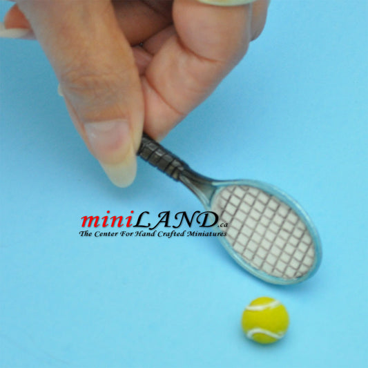 Tennis racket with tennis ball 2 piece set dollhouse miniature 1:12 scale
