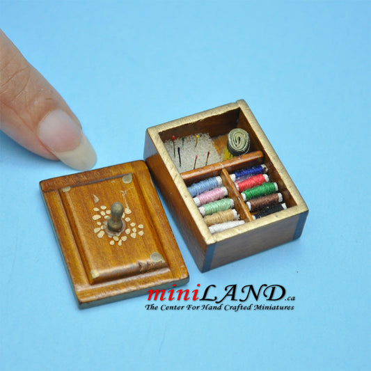Walnut wood sewing kit with thread  dollhouse miniature 1:12 scale
