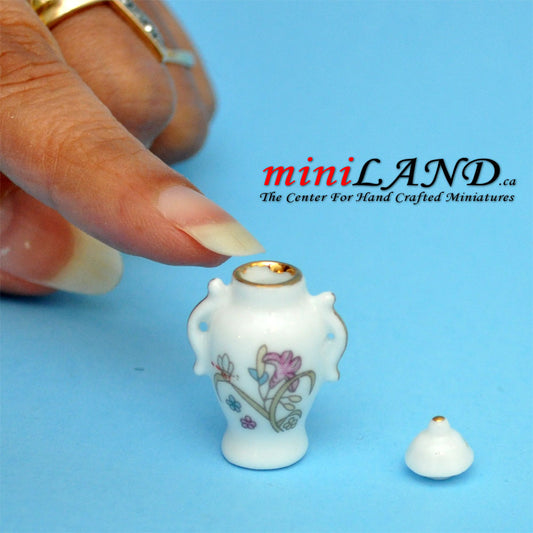 Vase en céramique blanc avec couvercle miniature pour maison de poupée 1:12