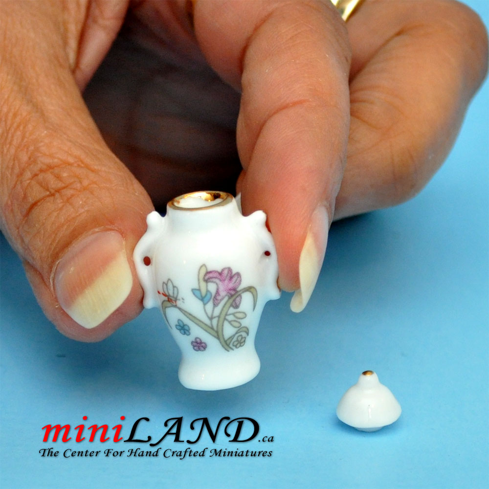 Vase en céramique blanc avec couvercle miniature pour maison de poupée 1:12