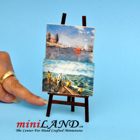 3 piece - beautiful paintings on wooden easel  dollhouse miniature 1:12
