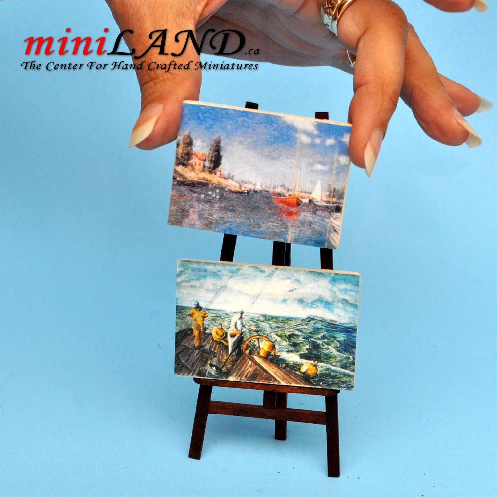 3 piece - beautiful paintings on wooden easel  dollhouse miniature 1:12