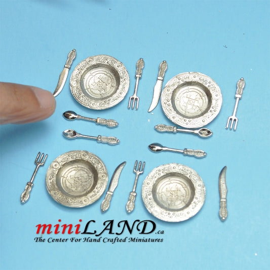 16 pieces detailed silverware set plates dollhouse miniature 1:12 metal