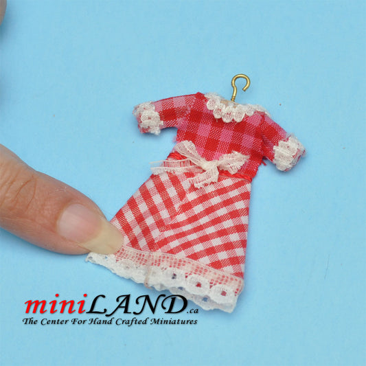 Checkered red dress on hanger dollhouse miniature 1:12