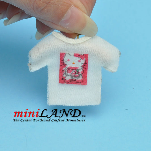 T-shirt blanc Happy Kitty pour maison de poupée miniature 1:12