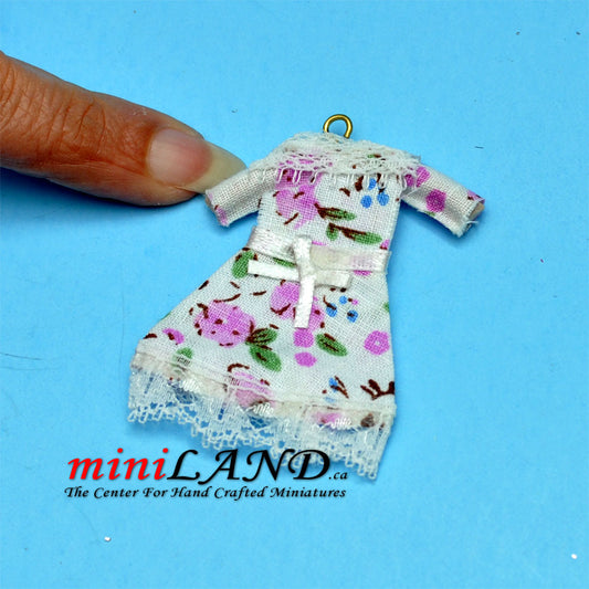 White floral printed dress on hanger dollhouse miniature 1:12