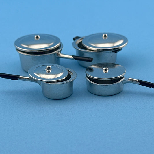 Dollhouse Miniature 1:12 Scale – Set of 4 Cooking Silver Pots with Lids