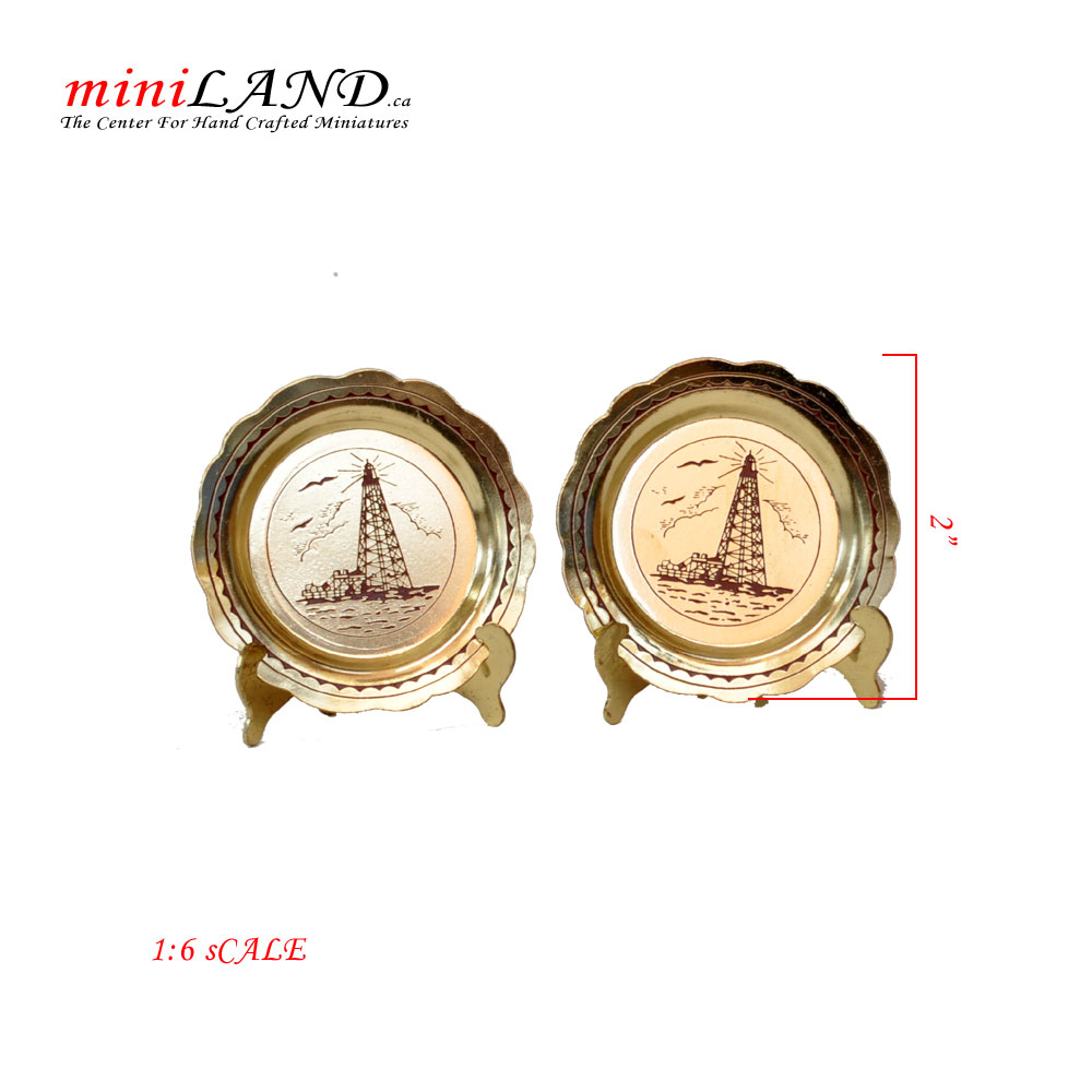 Brass 1:6 scale metal decoration plates with stands - set of 2pcs