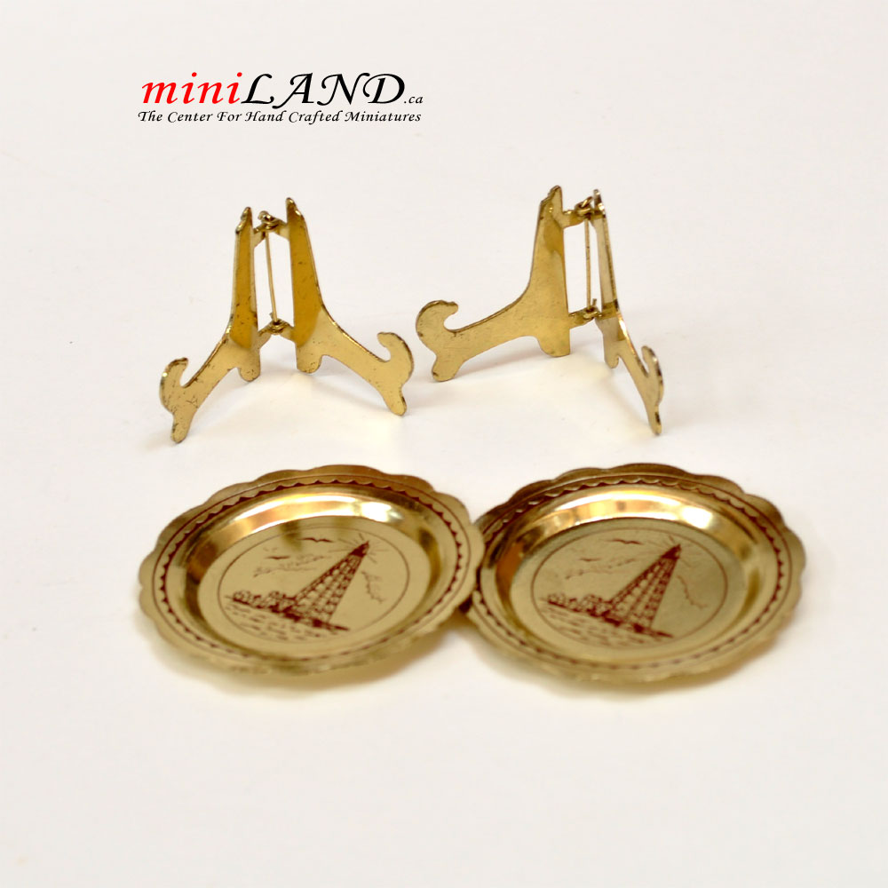 Brass 1:6 scale metal decoration plates with stands - set of 2pcs
