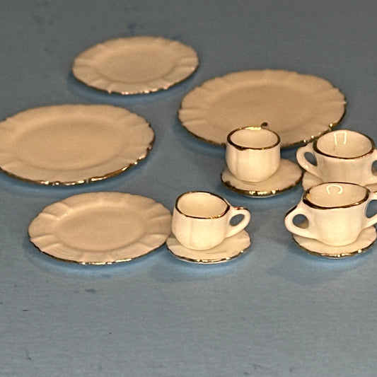 1:12 Scale Fine Porcelain Dinnerware Set for Two – White with Gold Trim 12pcs