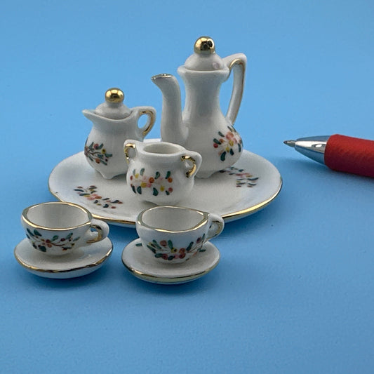 Dollhouse Miniature  – 10-Piece Tea Set with Floral Design