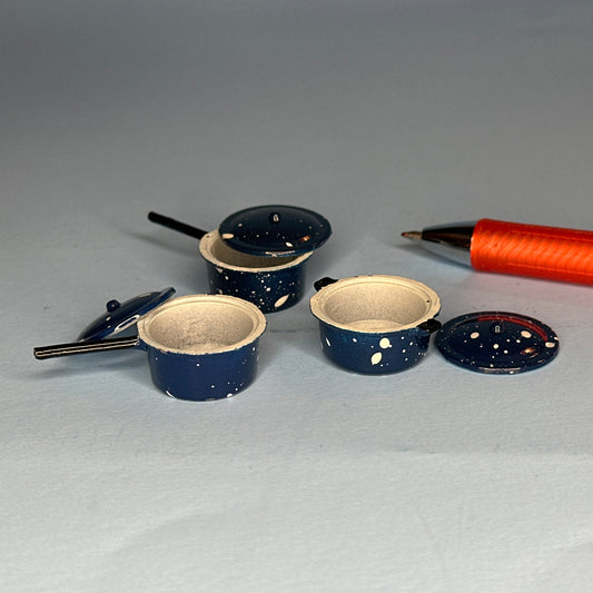 Miniature Blue Polka Dot Cooking Pots – Set of 3 – 1:12 Scale
