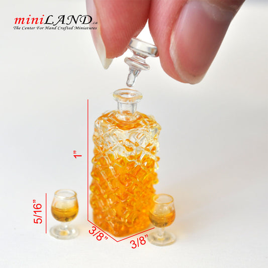 A bottle of alcoholic beverage with two glasses of brandy whiskey 1:12 scale dollhouse miniature
