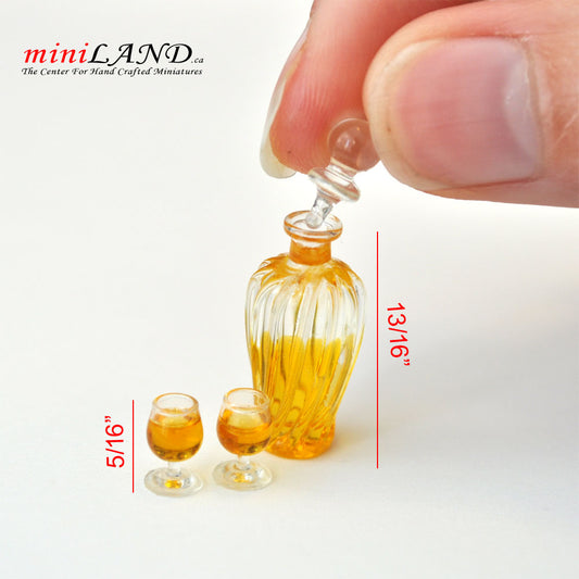 A bottle of alcoholic beverage with two glasses of brandy whiskey 1:12 scale dollhouse miniature  D410
