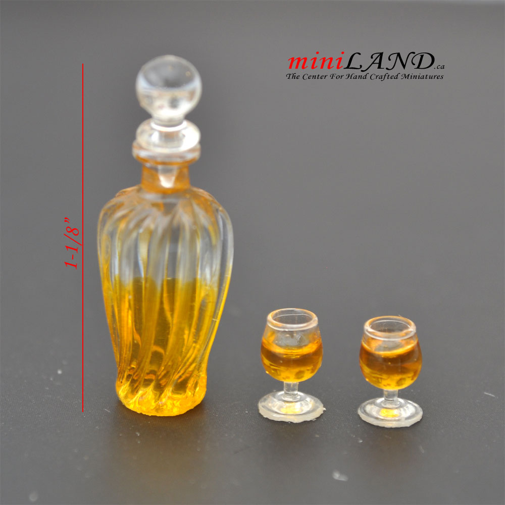 A bottle of alcoholic beverage with two glasses of brandy whiskey 1:12 scale dollhouse miniature  D410