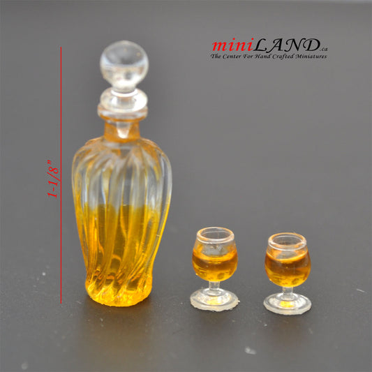A bottle of alcoholic beverage with two glasses of brandy whiskey 1:12 scale dollhouse miniature  D410