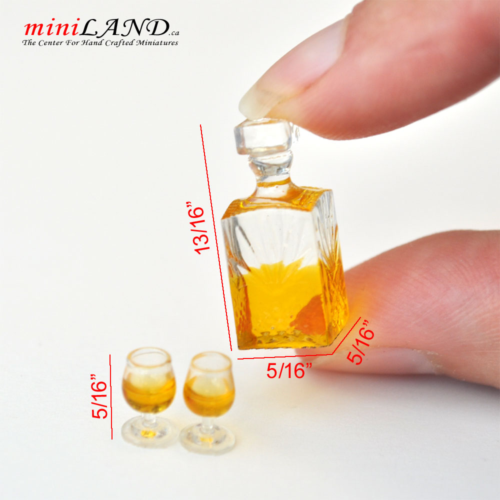 A bottle of alcoholic beverage with two glasses of brandy whiskey 1:12 scale dollhouse miniature  D411